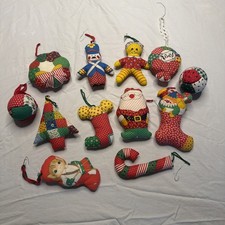 Lot Of 12 Vintage Hand Made Christmas Tree Ornaments Fabric Stuffed Figures #353 picture
