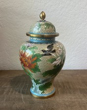 Vintage Chinese Cloisonné Lidded Ginger Jar Urn - Bird & Chrysanthemum, Enamel picture