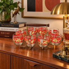 Culver Red Paisley 22K Gold Roly Poly Glasses Caddy Set of 8 Mid Century Mod picture