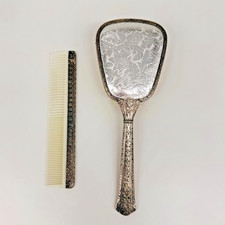 Vintage 1940s-50s Ornate Silver Plate Hair Brush Comb Vanity Set picture