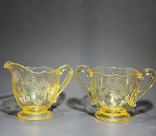 Lancaster Jubilee Yellow Topaz Depression Glass Creamer Sugar Bowl Set Vintage picture