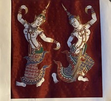 Thai Women Vintage Art Red Silkscreen Thailand Textile Fabric Wall Decor picture