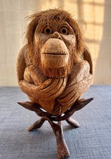 Vintage Hand Carved Coconut Shell Monkey Orangutan Statue Folk Art w/ Stand picture