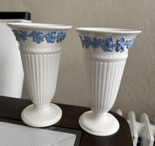 Wedgwood of Etruria & Barlaston Embossed Queens Ware White & Blue Vase  Lot Of 2 picture