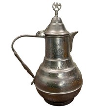 Vintage Turkish Silver Tone Etched Coffee Tea Pot Pear Star Crescent Finial picture