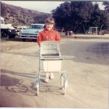c1960s Cute Girl Toy Doll Stroller Snapshot Photo 1957 Ford Car Vintage Outdoor picture