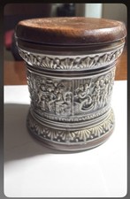 German Lidded Tobacco Humidor w/ Wood Lid Relief Scene 