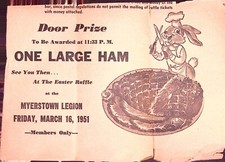 Myerstown Legion Easter Raffle Flyer 1951 Door Prize One Large Ham PA Vintage picture