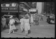 Photo:Downtown Street Scene 1930s Cars Pedestrians Storefronts picture
