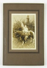 Antique Cabinet Card Photo, Baby Holding Flag on Pony, Hiding Person, RARE picture