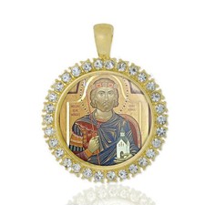 St Olaf Of Norway Christian Round Medal Gold Tone Pendant with Rhinestones picture