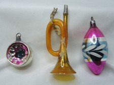 (3) Antique Christmas Ornaments Small Indent Silver * Teardrop & Trumpet  Horn picture