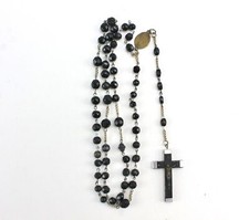 Vintage Metal Wrapped Wood Crucifix Rosary Black Faceted Stones Italy picture