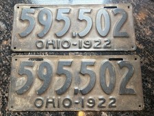 Matched Pair Of Vintage 1922 Ohio License Plates  picture
