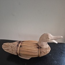 Duck Figurine Handmade Grass & Wood Carved Folk Art Reed Decoy 12