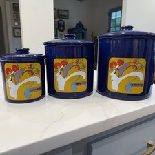 PETER MAX 3 Piece CANISTER NESTING SET RARE 1968-1972 ENAMEL COBALT BLUE picture