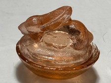 Peachy Pink Rabbit On A Nest Vtg Mini Glass 2pc Covered Dish Unmarked Perfect picture