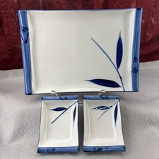 Vintage Blue & White BAMBOO Design Sashimi Plate & Sauce Dishes 1970s Japan 3pc picture