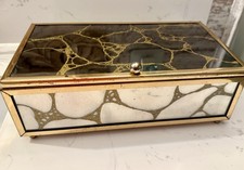 Fabulous Antique Eglomise Reverse Gold Vein Glass Mirror Art Dresser Vanity Box picture