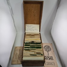 Vtg 1950's Wooden Recipe Box 10x6x4.5 FULL Handwritten Cursive Typed Snippets picture