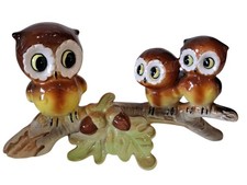 VTG  Japan Ceramic Owl Family Figurine On Tree Branch Acorn Art Home Decor  MCM picture