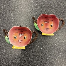 VTG PY Japan 2pc Teabag Holders Red Apple Face Anthropomorphic Kitsch Big Eyes picture