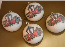 Vintage Set of 3 PYRAMID Sugar Sparkle Frosted Holly/Candles Christmas Ornaments picture