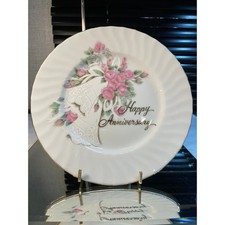 Vintage Happy Anniversary Plate Swirl Edging Beautiful Pink Roses and Bells picture