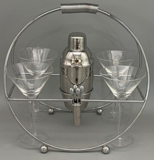 vtg Godinger Chrome Art Deco 10 Pc Crystal Glasses Rack Shaker Picks MARTINI SET picture