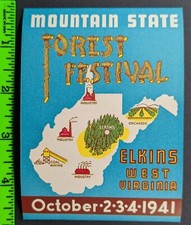 Vintage 1941 Mountain State Forest Festival Elkins West Virginia Travel Label picture