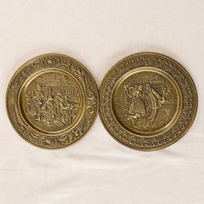 Vintage Peerage Brass Wall Plates Set of 2 England Embossed Tavern Scenes picture