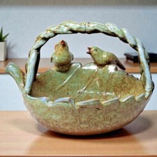 Studio Pottery Bird Leaf Basket W/ Twisted Vine Handle 6.5