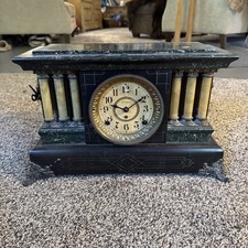 Seth Thomas Antique Adamantine Column Mantel Clock Green Pillar Lion Head Handle picture