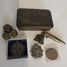 WW1 Princess Mary 1914 Christmas Brass Gift Tin & Trench Art Bullet, Badge Coins picture