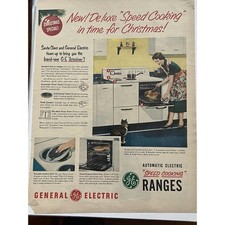 Vtg 1950s GE Automatic Electric Range Astroliner Oven Print Ad Retro Kitchen Cat picture