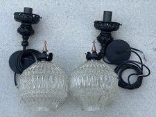 VTG PAIR FREDRICK RAMOND TWO-TONE PENDANT LIGHTS WITH PRESSED GLASS BRASS FINISH picture
