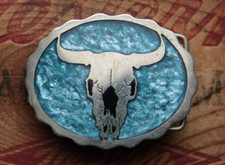 Vintage Hand Made Bull Buffalo Skull Inlay Western Belt Buckle picture