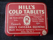 VINTAGE HILL'S COLD TABLETS TIN EMPTY WYETH CHEMICAL CO. N.J. USA MEDICINE picture