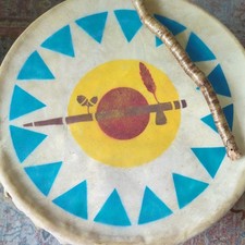Lg. 70's Vintage Native American Style Hand-Painted Rawhide Floor Drum 20x15.5 picture