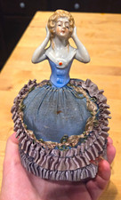 1920s Porcelain Half Doll Pin Cushion Sewing Intact Fabric Gorgeous picture