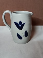 Williamsburg Pottery Pitcher Salt Glaze Blue Flower Gray 3 3/4 