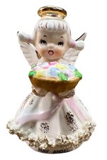 Vintage Lefton May Birthday Girl Angel Figurine Statue AR1987, Basket of Flowers picture