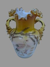 Antique Victorian Art Glass Vase Hand Painted Herons Ruffled Rim Applied Handles picture