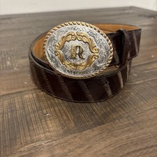 Montana Silversmiths Belt & Buckle Western Initial R Silver Gold Sz 33 Snakeskin picture