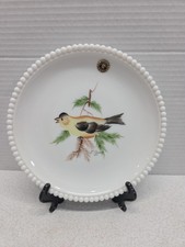 Westmoreland Milk Glass Hobnail Edge Plate Handpainted Bird Signed 7