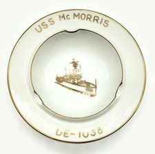 Vintage Fukagawa US Navy U.S.S. Mc Morris DE-1036 Ceramic Ashtray White w/ Gold picture