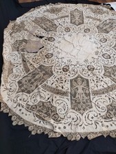 antique linen lace tablecloth embroidered round needlework embroidery A229 picture