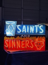 World Famous “Saints & Sinners” Glass Neon Bar Sign Vintage NM Lowrider Capital picture