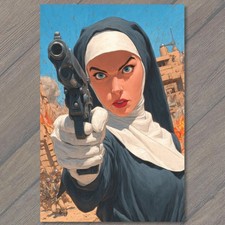 POSTCARD Armed Nun Gunfight Action War Zone Explosions Retro Pulp Pinup picture