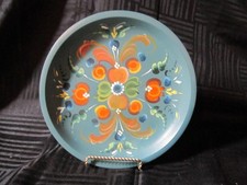 Norwegian 9” Hand Painted Wooden Shallow Plate Blue Folk Art Rosemaling picture